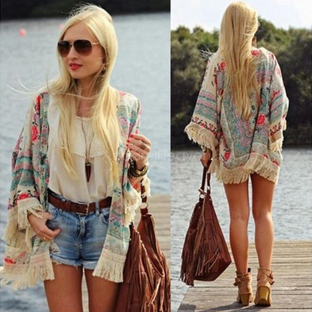 Online discount shop Australia - Fashion Women Kimono Cardigan Vintage Flower Printed Tassel Blouses Ladies Long sleeve Tops