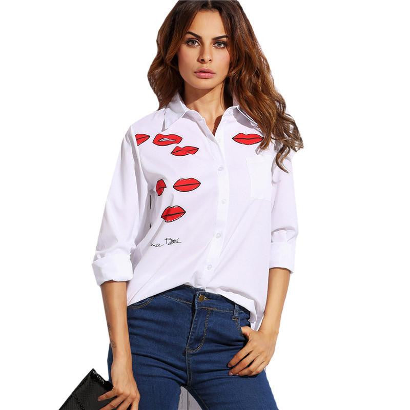 White Lip Print With Pocket Lapel Long Sleeve Buttons Front Shirt Office Ladies Work Wear Blouse