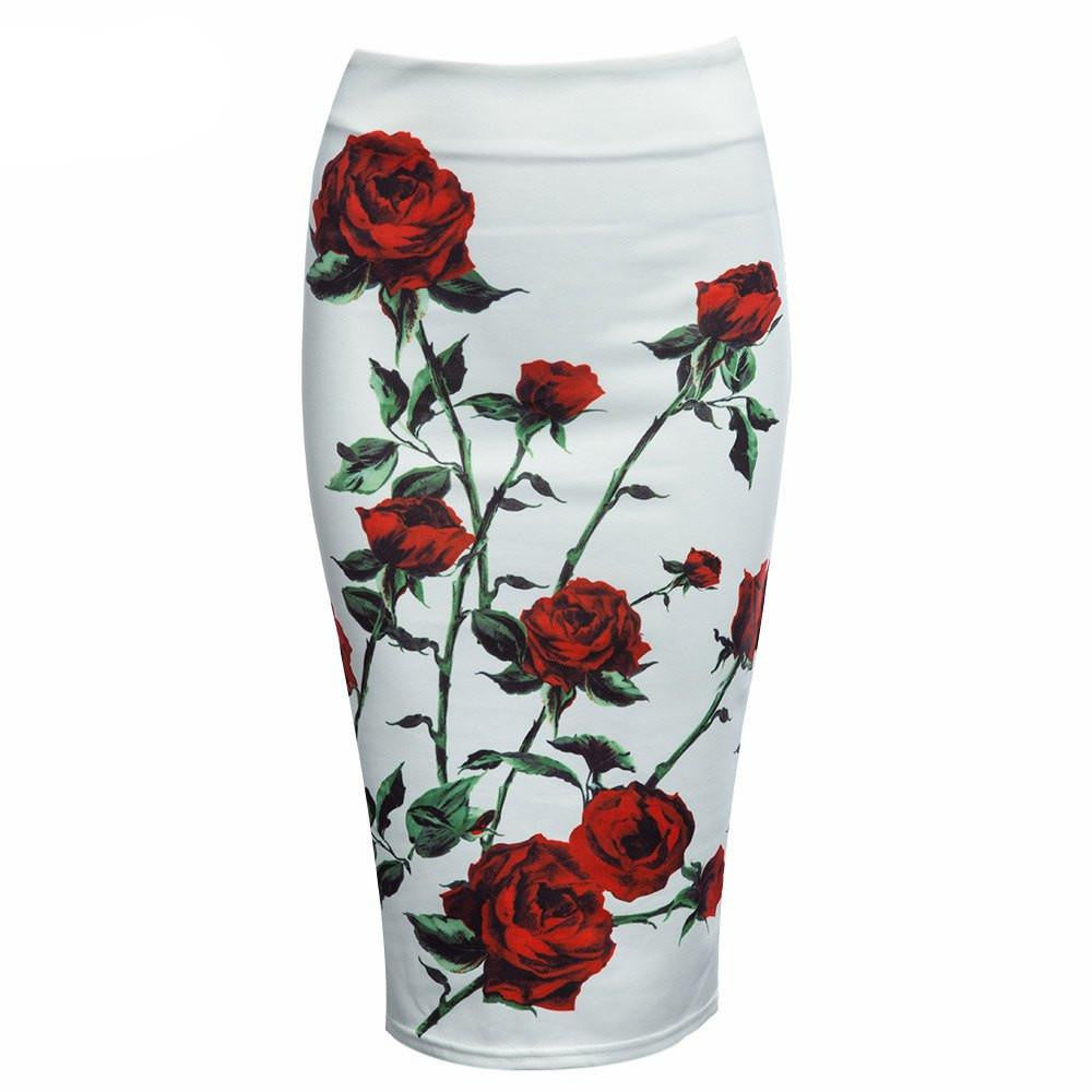 Women Pencil Skirt Floral Print Skirt Slim Hip Pencil Skirts Vintage High Waist White Pattern Bodycon Ladies Midi Skirts