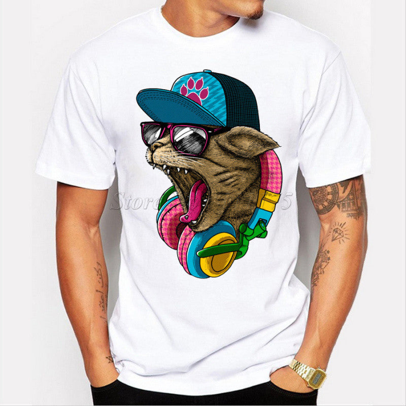 Online discount shop Australia - Men's Fashion Crazy DJ Cat Design T shirt Cool Tops Short Sleeve Hipster Tees