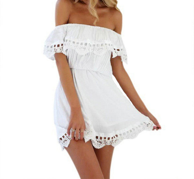 style summer Women white lace stitching dress Off shoulder strapless sexy dress Slash neck mini dresses