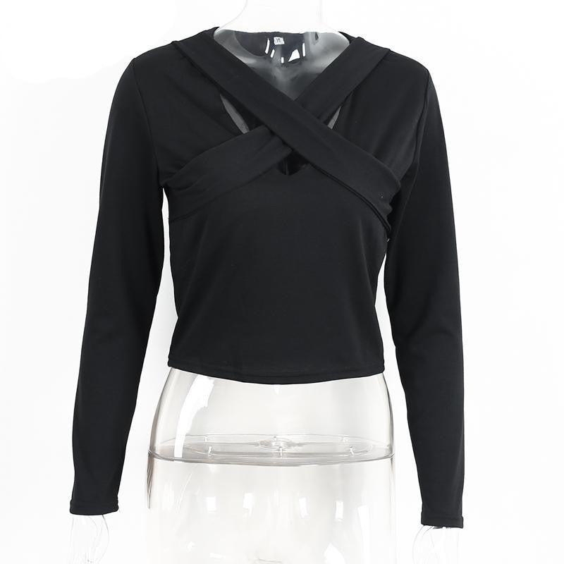 Simplee lace up long sleeve shirt women tops Fashion female short white blouse christmas Elegant cross black blouse