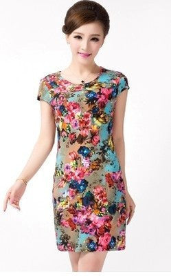 Online discount shop Australia - Fashion Women summer Tunic Milk Silk Print Short sleeve O neck Slim dress Plus Size sexy casual dresses