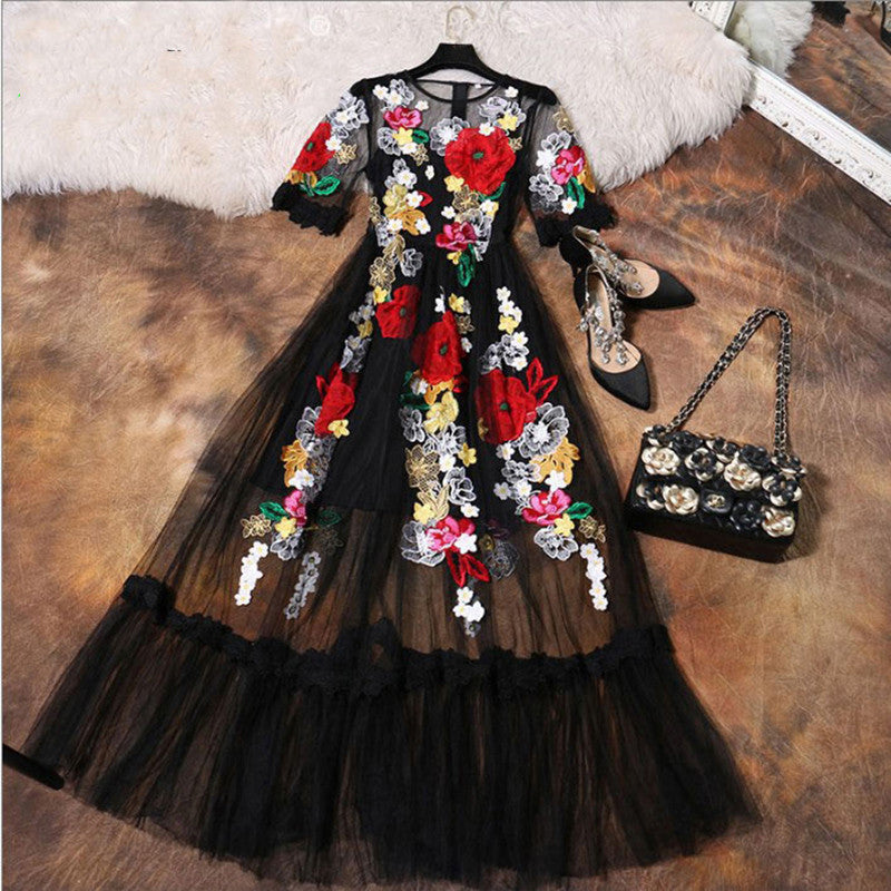 Online discount shop Australia - Luxury Dress New 2017 Summer Fashion Designer New Elegant Flower Embroidery Appliques Black Mesh Slim Women Vintage Long Dress