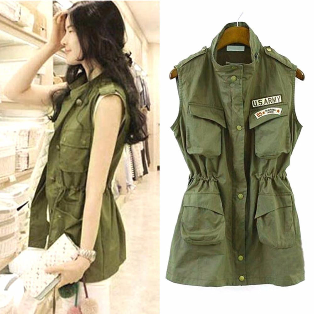 Women Jacket Drawstring Vest Military Parka Button Trench Coat Outwear Fashion