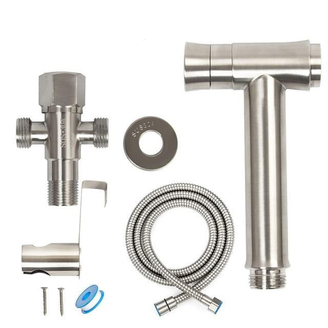 One Key Press Double Function Bathroom Toilet Bidet Faucet Kit Stainless Steel Brushed Bidet Sprayer Set Mount On Tank Or Wall