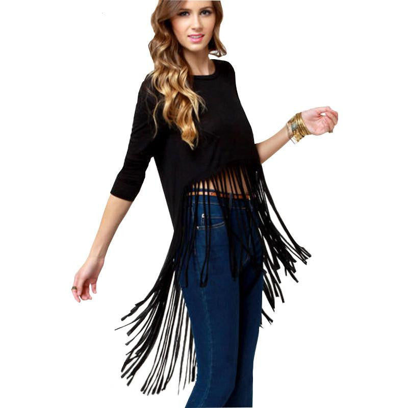 Womens Irregular Tassel Black Tops Three Quarter sleeve Female Fashion T-shirts