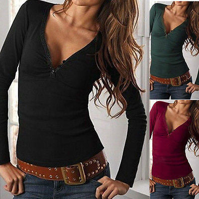 Plus Size Fashion Womens Long Sleeve V Neck Loose Casual Tee Shirt Cotton Vintage Solid Ladies T-Shirts Tops