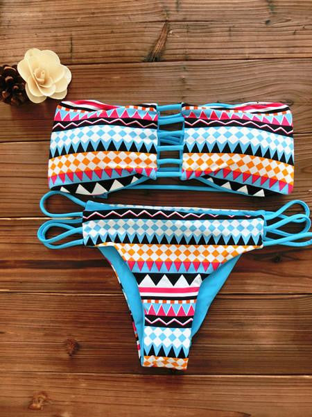 Women Bandeau Bikini Reversible Print swimsuit Strappy swimwear biquini trikini 1112