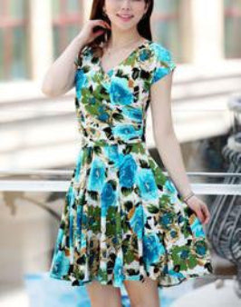 women pleated V-Neck dress waist show thin sand Maxi printed Dresses