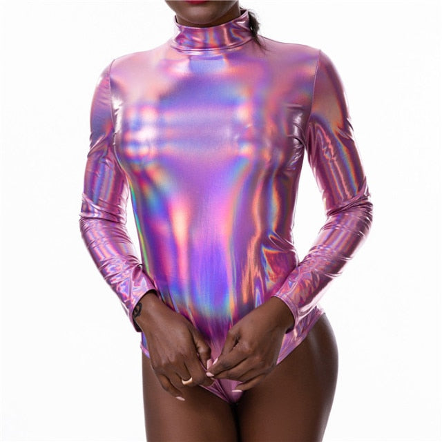 Shiny Holographic Women Bodysuit With Long Sleeve O Neck Wet Look Back Zipper Skinny Playsuits Summer Party Night Club Jumpsuits