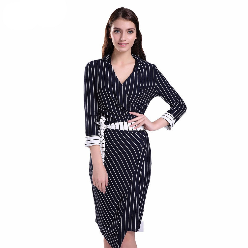 Online discount shop Australia - GCAROL Women V-Neck Nine Point Sleeve Bodycon Dress With Sashes Wrapped Striped OL Office Wear Elegant Long Dress For 4 Season