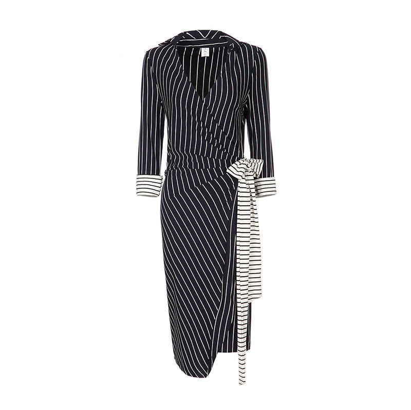 Online discount shop Australia - GCAROL Women V-Neck Nine Point Sleeve Bodycon Dress With Sashes Wrapped Striped OL Office Wear Elegant Long Dress For 4 Season