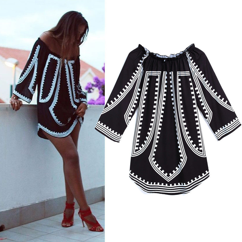 Women Dress Casual Off Shoulder Long Sleeve Loose Print Tops Blouse Party Beach Mini Dress