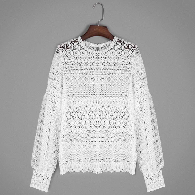 White Lace Hollow Out Crochet Top Women Blouse Shirt Long Sleeve Casual Elegant Floral