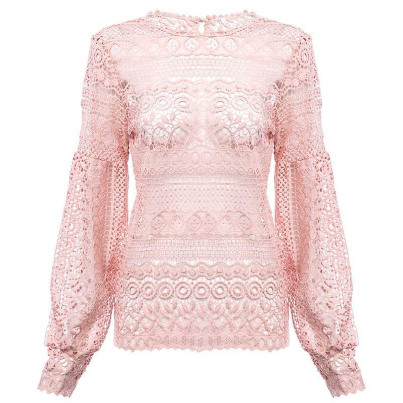 White Lace Hollow Out Crochet Top Women Blouse Shirt Long Sleeve Casual Elegant Floral