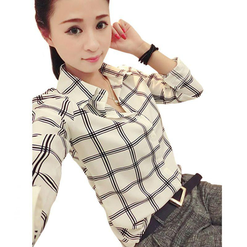 Women Career Office Lady Shirt Casual Plaids Long Sleeve Blouses Fitted Tops