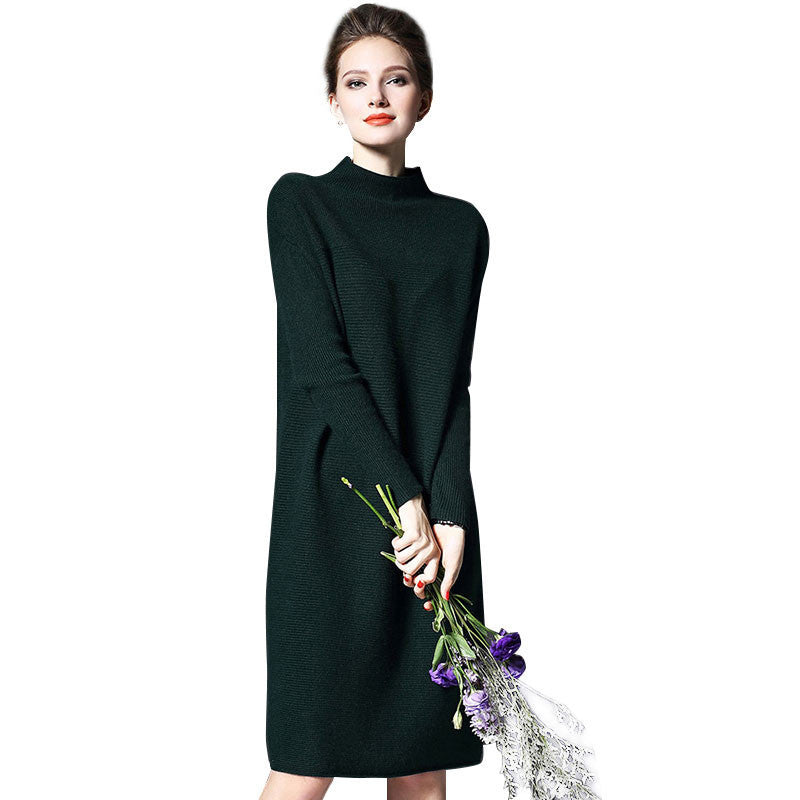 Online discount shop Australia - Long Sleeve Short Winter Dress Women Autumn High Quality Casual Solid Plus Size Turtleneck Warm Knitted Dresses