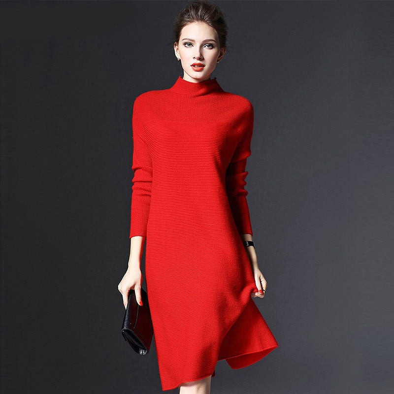 Online discount shop Australia - Long Sleeve Short Winter Dress Women Autumn High Quality Casual Solid Plus Size Turtleneck Warm Knitted Dresses