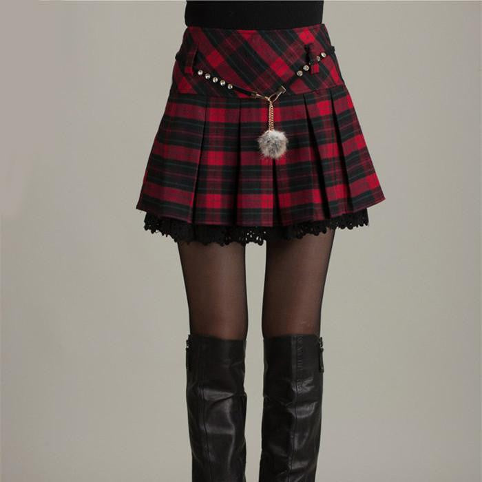 Woolen Lace Stitching Empire Waist Plaid Skirt Sashes Ruffles Pleated A-Line Preppy Style Lolita Women Skirts