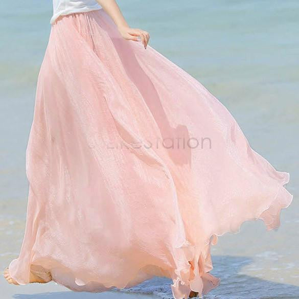 Women Chiffon Long Skirts Candy Color Pleated Maxi Skirts 10 Candy Colors High