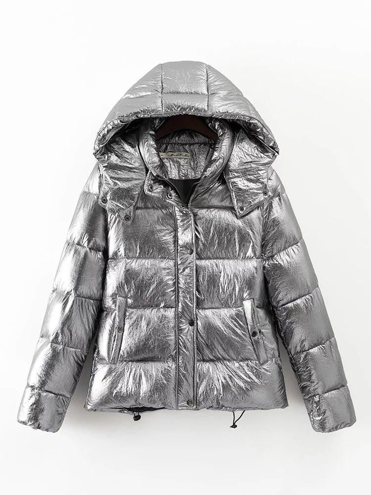 Women jackets Short warm coat Silver metal color bread style parka