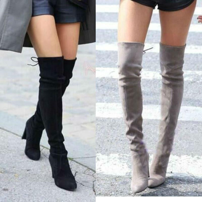Women Faux Suede Thigh High Boots Over the Knee Boots Stretch Overknee High Heels Woman Shoes Black Gray Wine Red Brown
