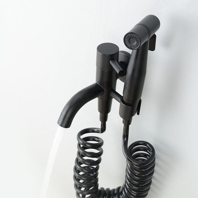Bathroom Toilet Bidet Sprayer Kit. Black & Chrome Wall Mounted Bidet Faucet Solid Brass Cold Water Tap 3 Meter Hose