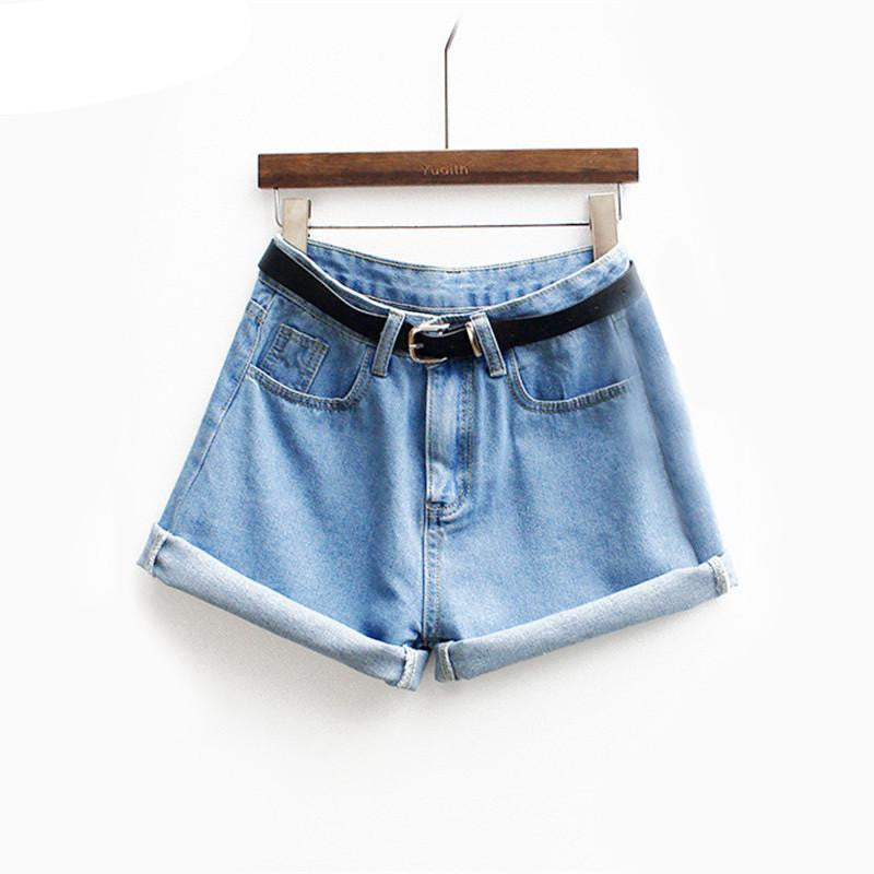 Womens Brand est Short Jeans Brand Mid Waist Denim Blue Button Fly With Pockets and Belt Cuffed Shorts