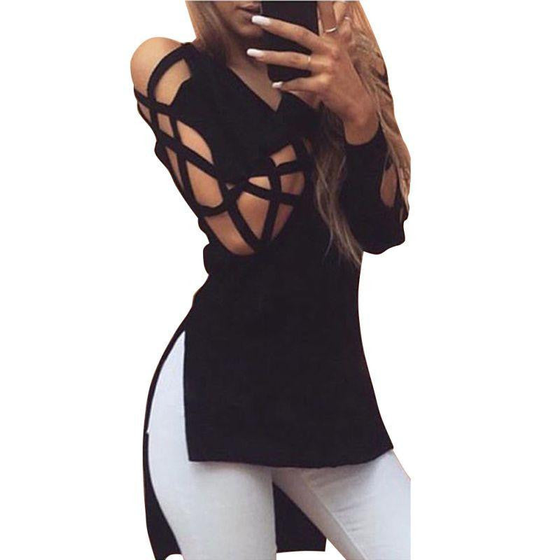 Women's Clothes T-shirts Asymmetrical Deep V Neck Black Bandage Shirts Push Up Tops Tees T Shirt Plus Size