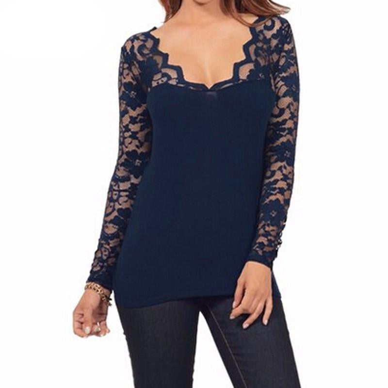 Women Long Sleeve Lace Crochet V Neck Stretchy Blouses Tops Casual Solid Plus Size Shirts Oversized