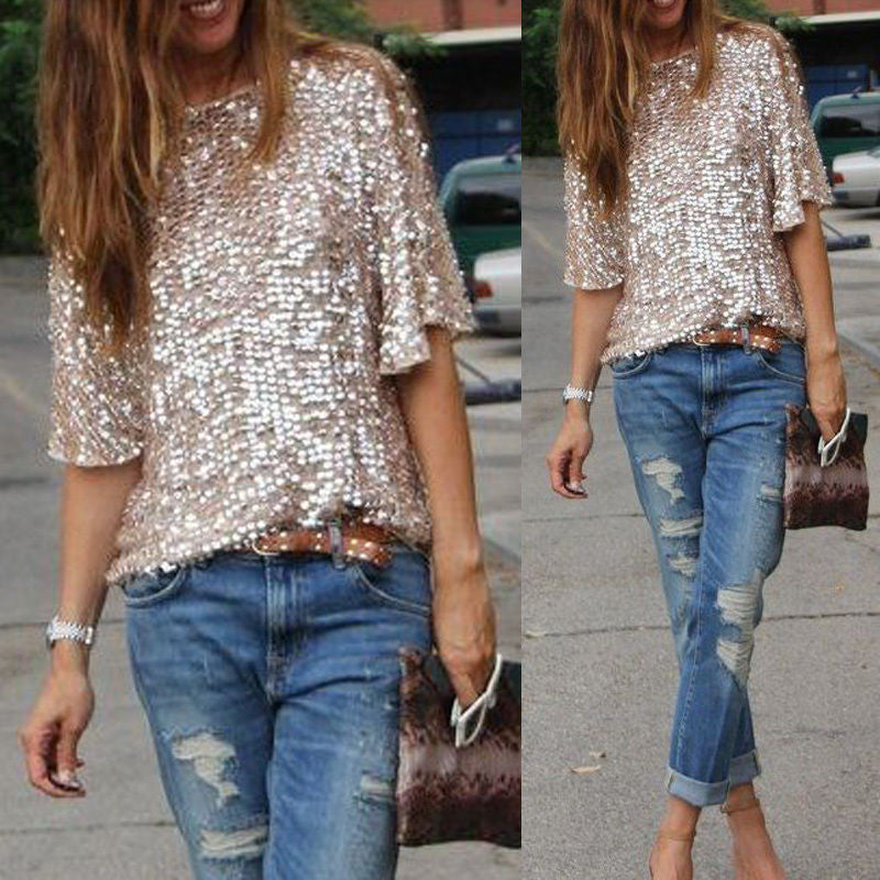 Online discount shop Australia - Fashion Sexy Sequined Bling Shiny Top Casual Loose Tops Off Shoulder Tees Women Shirt Shiny Shirt