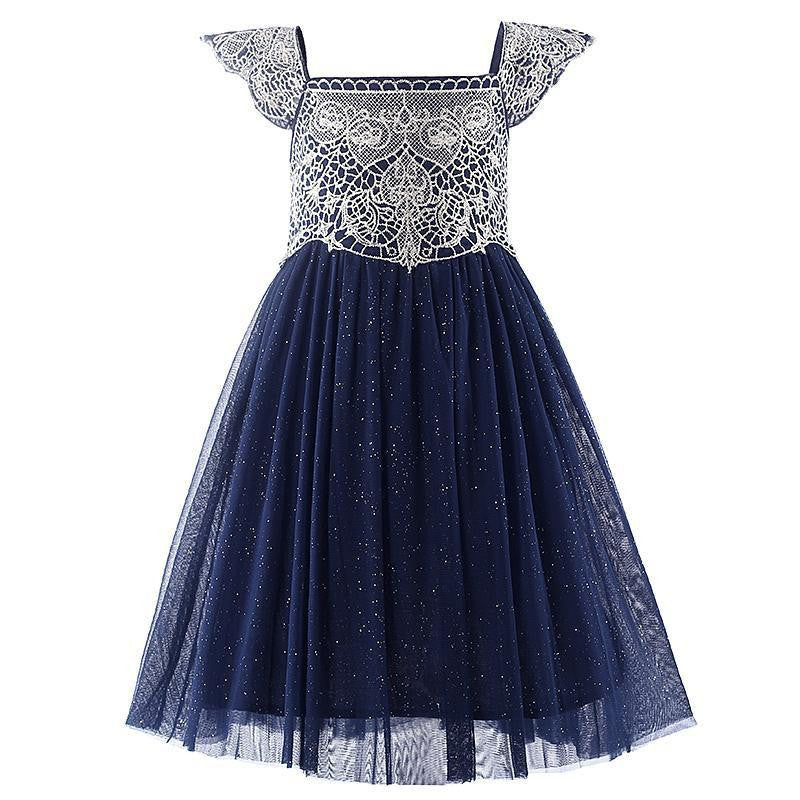 Style Navy Pink Tulle Girls Dress With Exquisite Embroidery Lace Top Grace Classic Kids Dress Children Wear