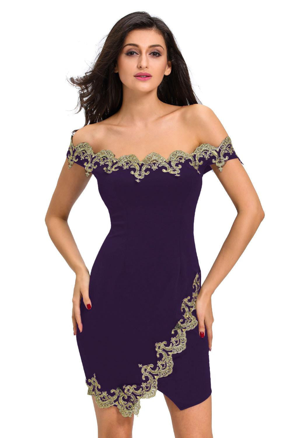 Online discount shop Australia - elegant novelty Design Sexy Party Robes Gold Lace Applique Black Off Shoulder Mini Dress