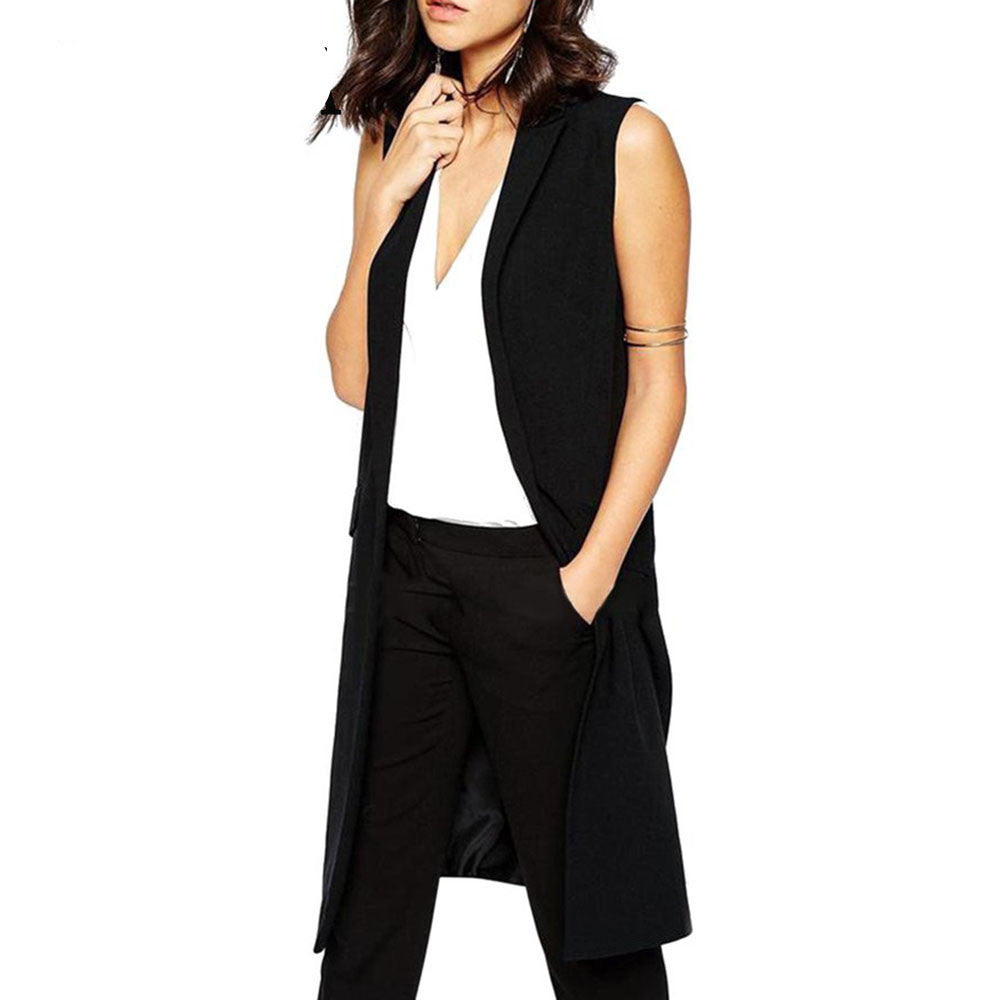 Online discount shop Australia - Long Vest Waistcoat Female Sleeveless Women Outwear Longline Jacket Pocket Blazer Coat Black Suit Vest