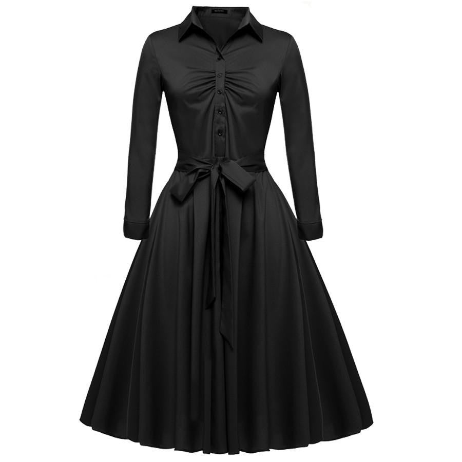 Women Casual Shirt Dress Big Swing Long Sleeve Autumn Winter Elegant Dress Black 3 COLOR