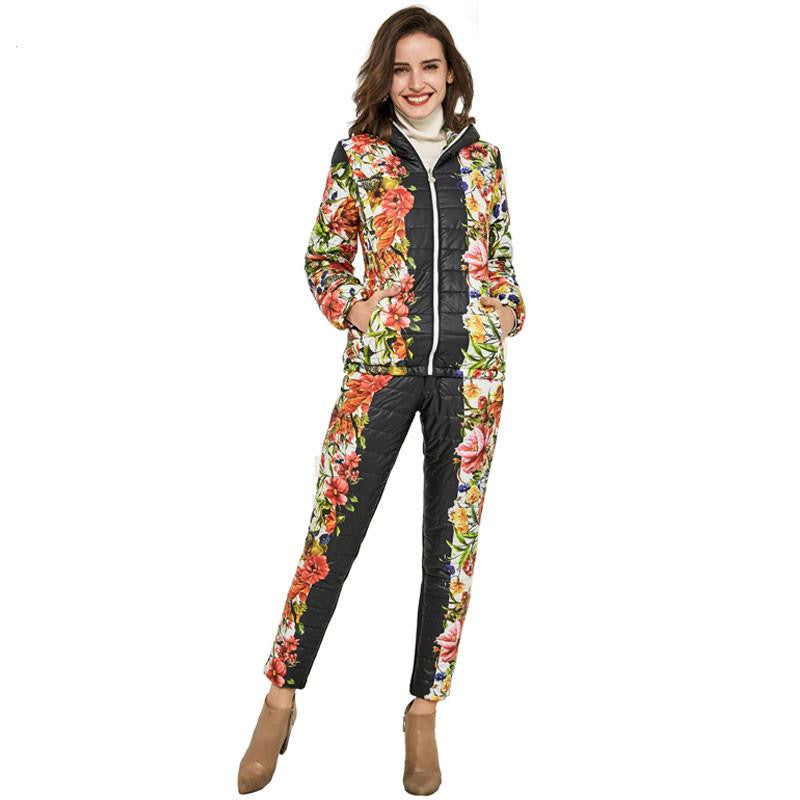 Women Casual Flower Printed Hooded Warm Basic Parka Suits (Coat+Pants Sets ) Outwear