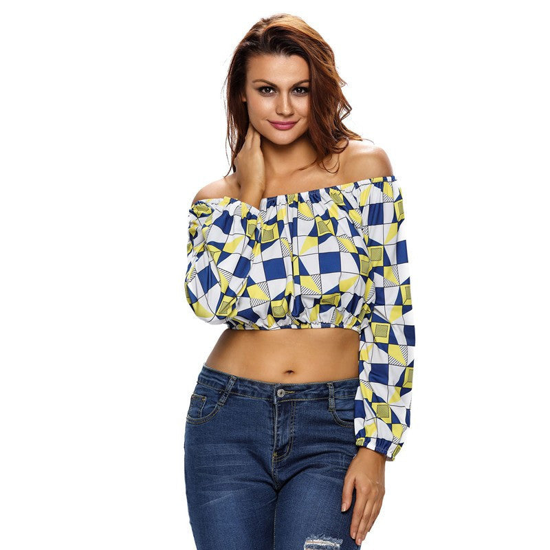 Online discount shop Australia - Dear lovers Geometric Print Off Shoulder Long Sleeve Bustier Crop Top womens tops and blouses