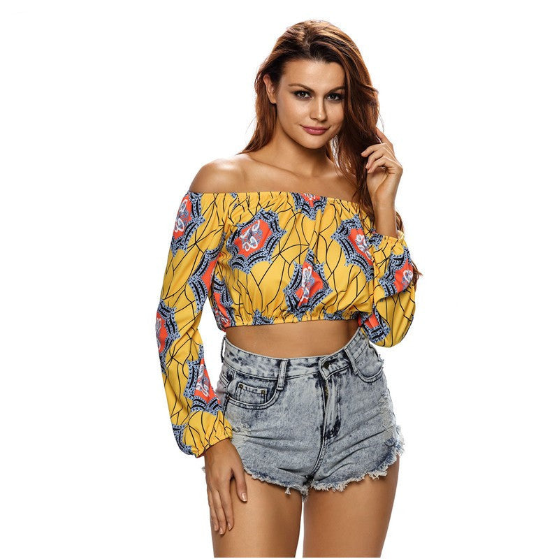 Online discount shop Australia - Dear lovers Geometric Print Off Shoulder Long Sleeve Bustier Crop Top womens tops and blouses