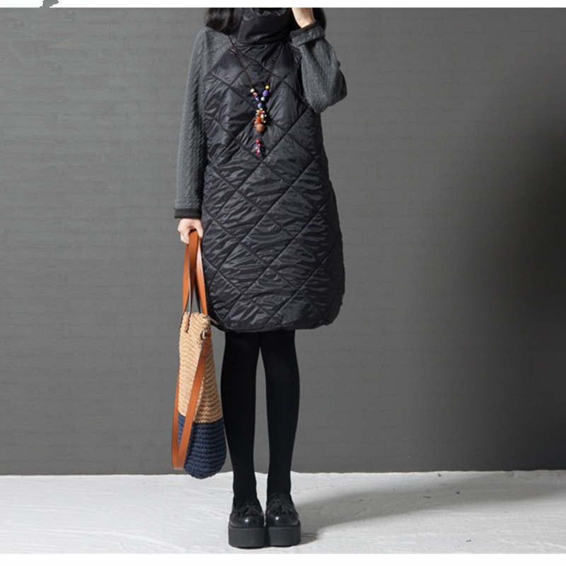 Online discount shop Australia - Fashion Autumn Loose Straight Dress Patchwork Black Ropa Mujer Turtleneck Down Female Vestidos Tunic Winter Dresses