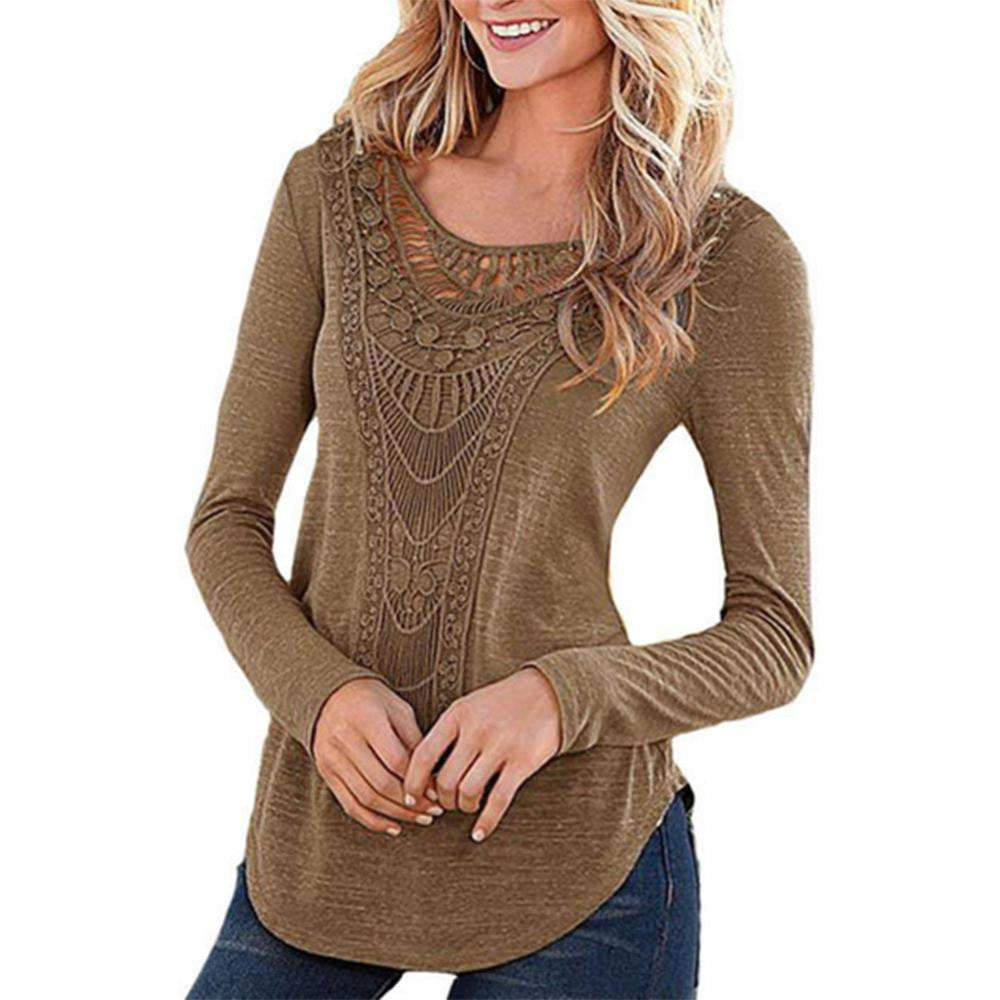 Women Loose Crochet T Shirt Hollow Out Long Sleeve Solid Color Cotton Tee Shirt Tops