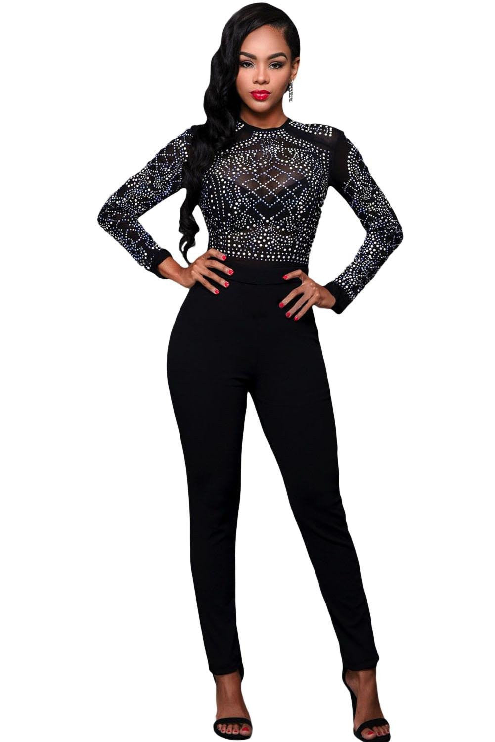 Women Full Length Solid Black Long Sleeves Rhinestone Mesh Bodice Formfitting Jumpsuit long