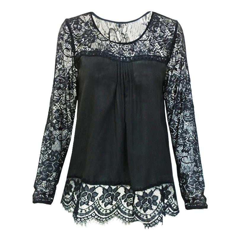 Womens Lace Chiffon Stitching Color Long Sleeve Base Shirt Shirts Plus Size