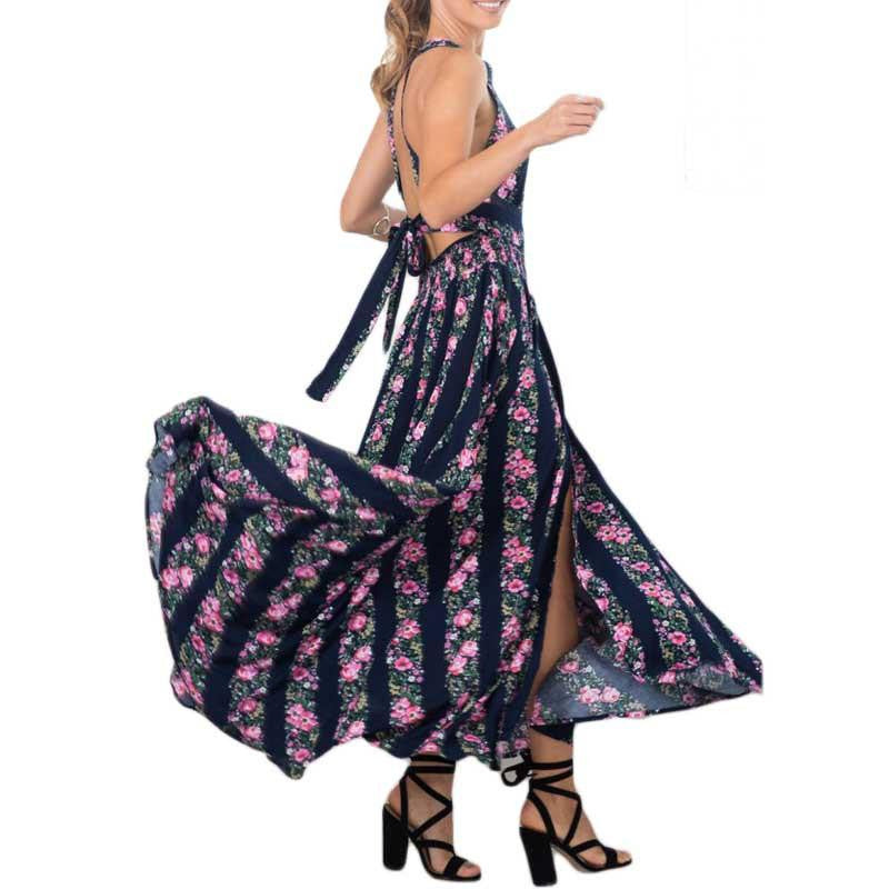 Women Halter Maxi Dress Sleeveless Sundress Beach Bohemian Floral Split Long Maxi Dresses Backless Dress Party Vestidos Feminino