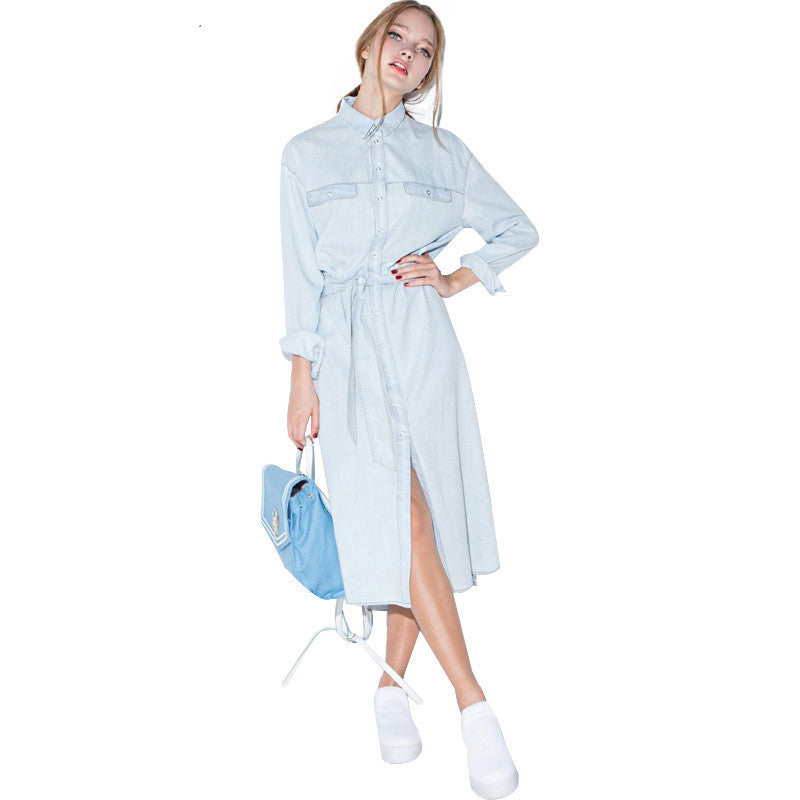 Online discount shop Australia - Fashion Women Blue Solid Denim Vestidos Retro Dress Single Breasted Dress Front Belt Casual Loose Shirt Dress