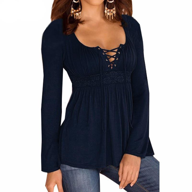Blouse Tops V Neck Long Sleeve Lace Splice Solid Shirt Casual Plus Size Blouses Oversized Women