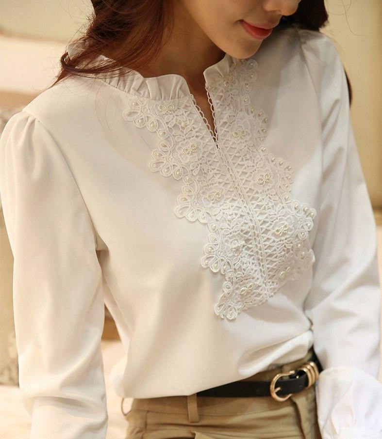 White Blouse Chiffon Shirt Women Lace Crochet Pearl Beading Long Sleeve Tops Plus