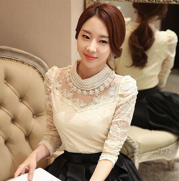 Women Floral Lace fashion casual girl blouse Diamond beaded lace shirt Female Tops women clothes 3115 25