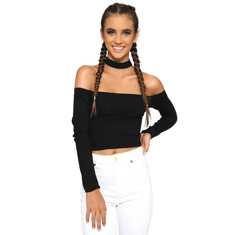 Online discount shop Australia - Girl t shirt sexy slash neck 90's crop top European style black t-shirt women tops  long sleeve halter female top