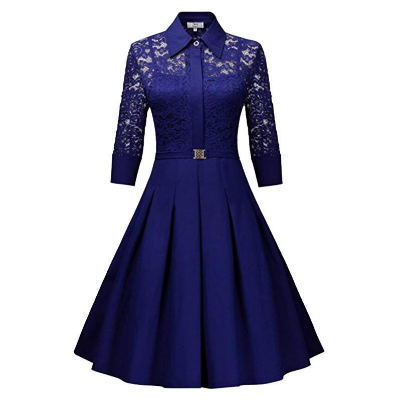 Women Lace Rockabilly Dress Vintage Evening Party Autumn Dress 1950s Turn Down Collar Elegant Black Dresses